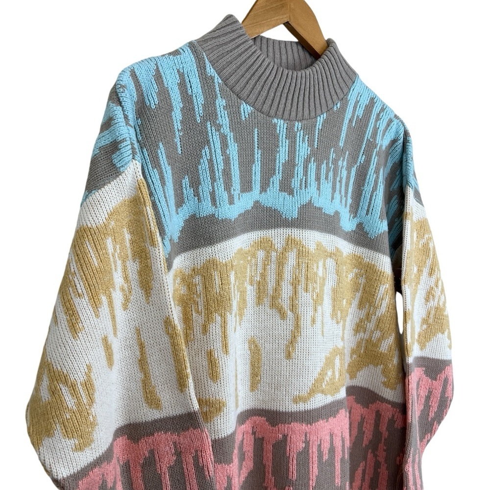 Vintage 80s Croquet Club Women's Abstract Knit Sweater Pink Blue Gold Size Large - Picture 2 of 6